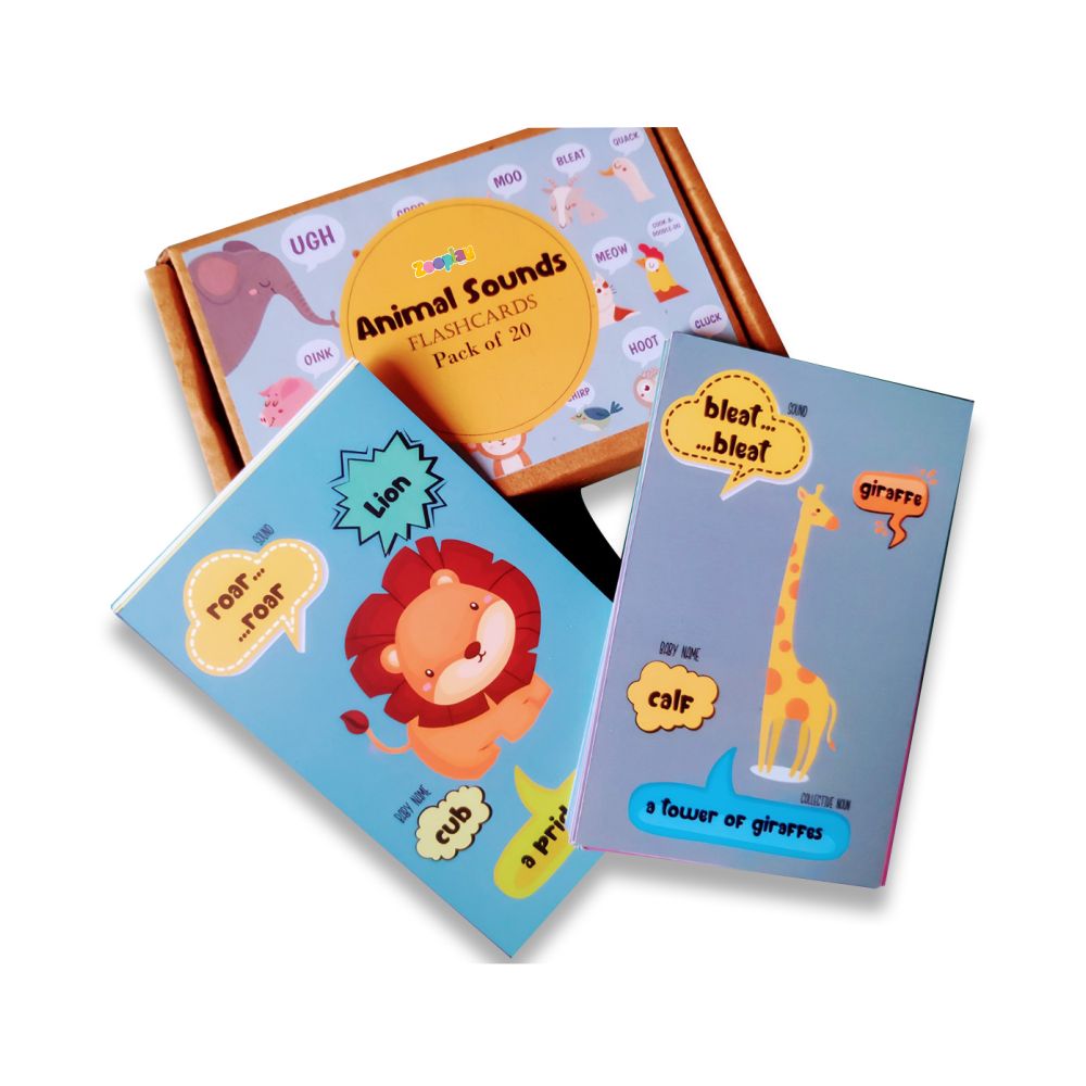 Animals sounds flashcards with collective noun and baby name