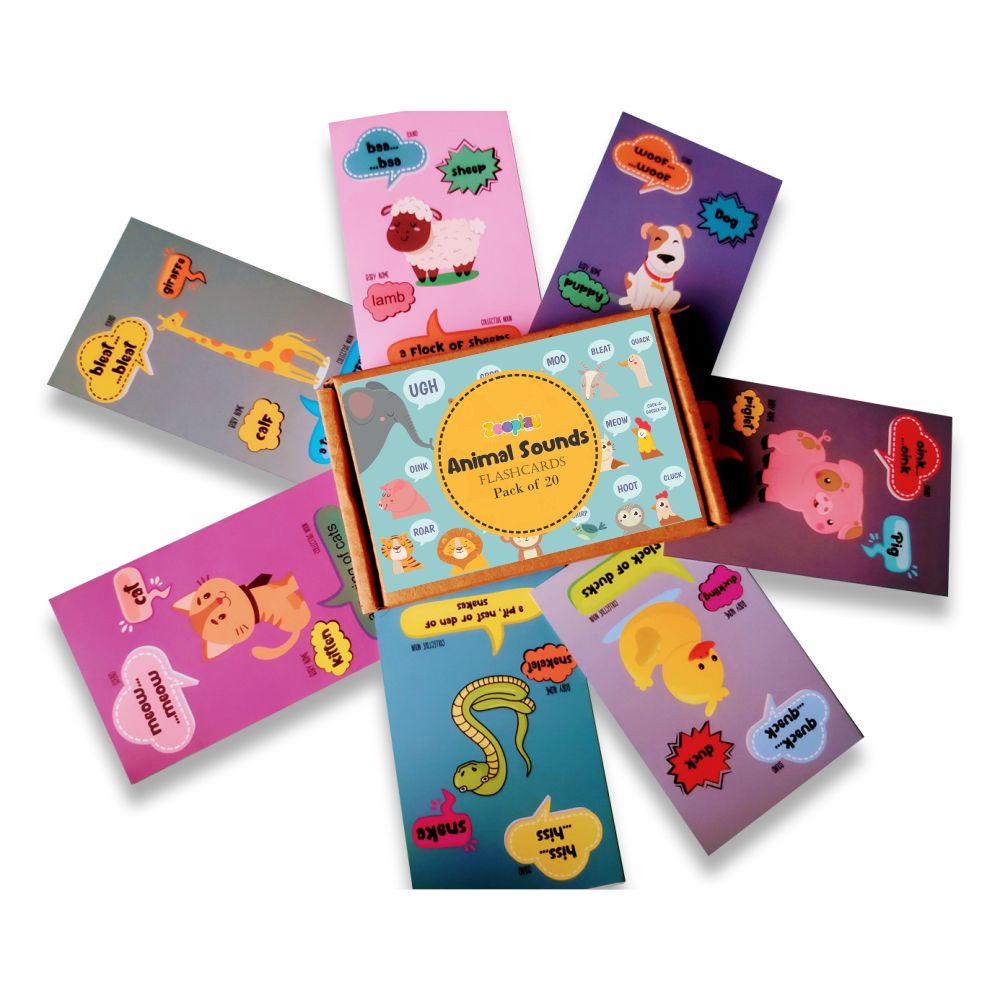 Animals sounds flashcards with collective noun and baby name